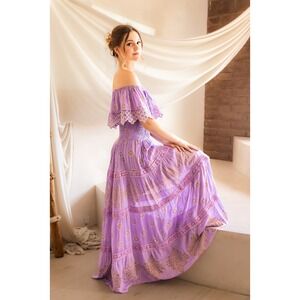 Bohemian‎ Off Shoulder Maxi Dress Smocked Waist Lace Trim Floral Print Purple XL